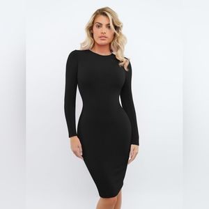 Popilush Built-In Shapewear Crew Neck Long Sleeve Midi Dress